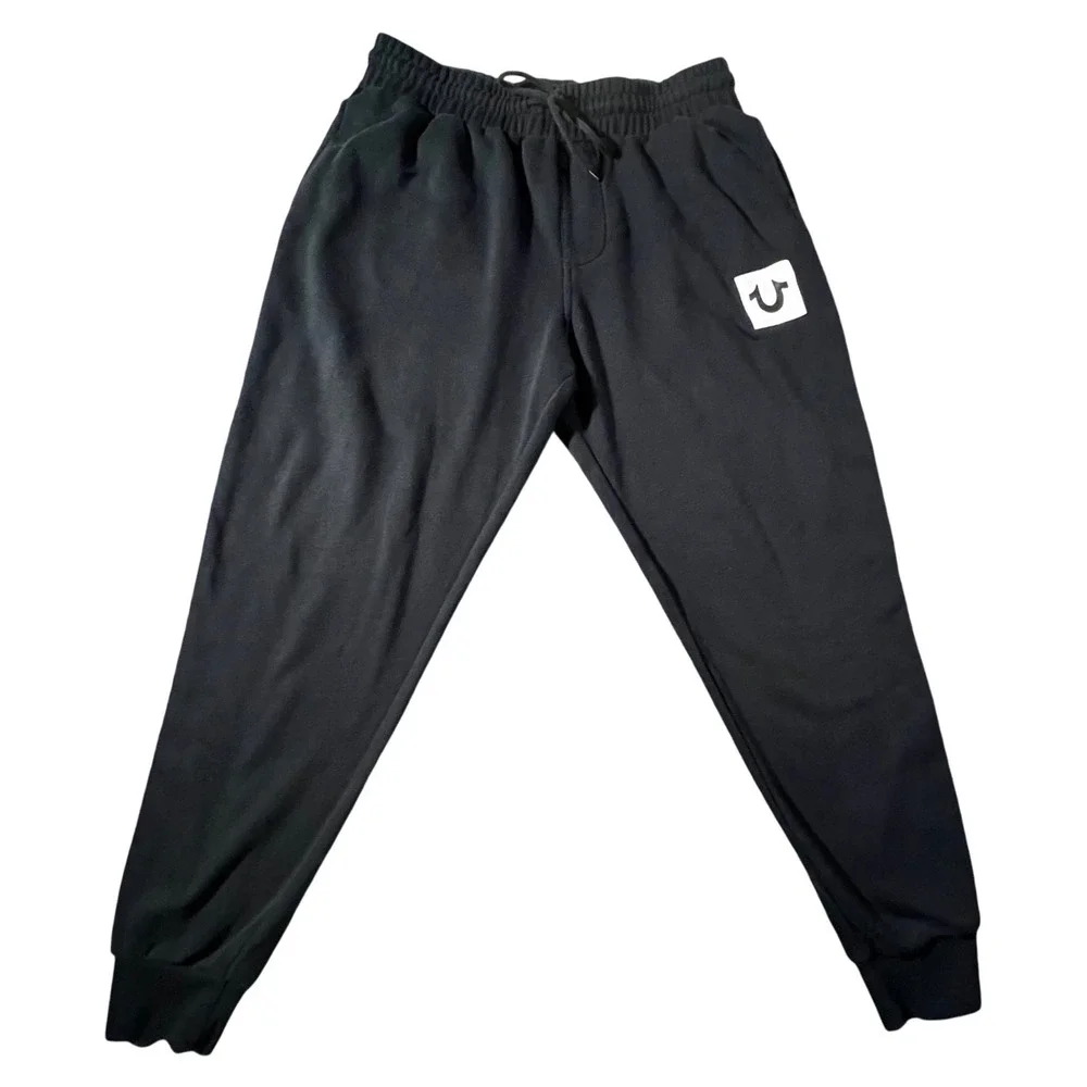 True Religion Jogger Sweatpants Mens Large Black Logo Tape Horseshoe Side Stripe